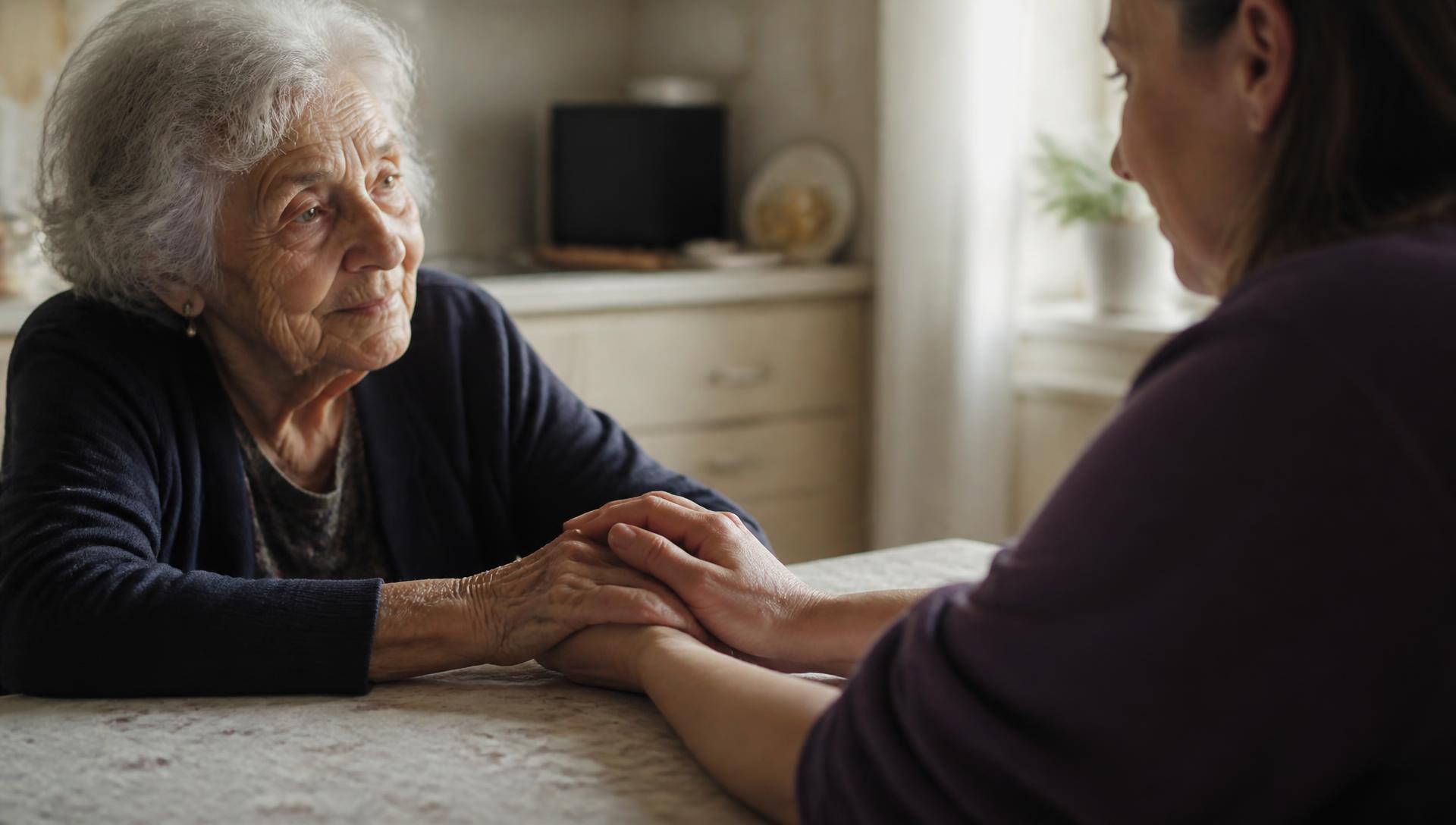 Pflegekraft hält die Hände einer Seniorin am Küchentisch