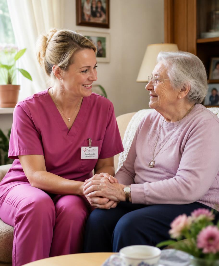 Pflegekraft von Sena Care im Gespräch mit einer Seniorin in deren Wohnzimmer
