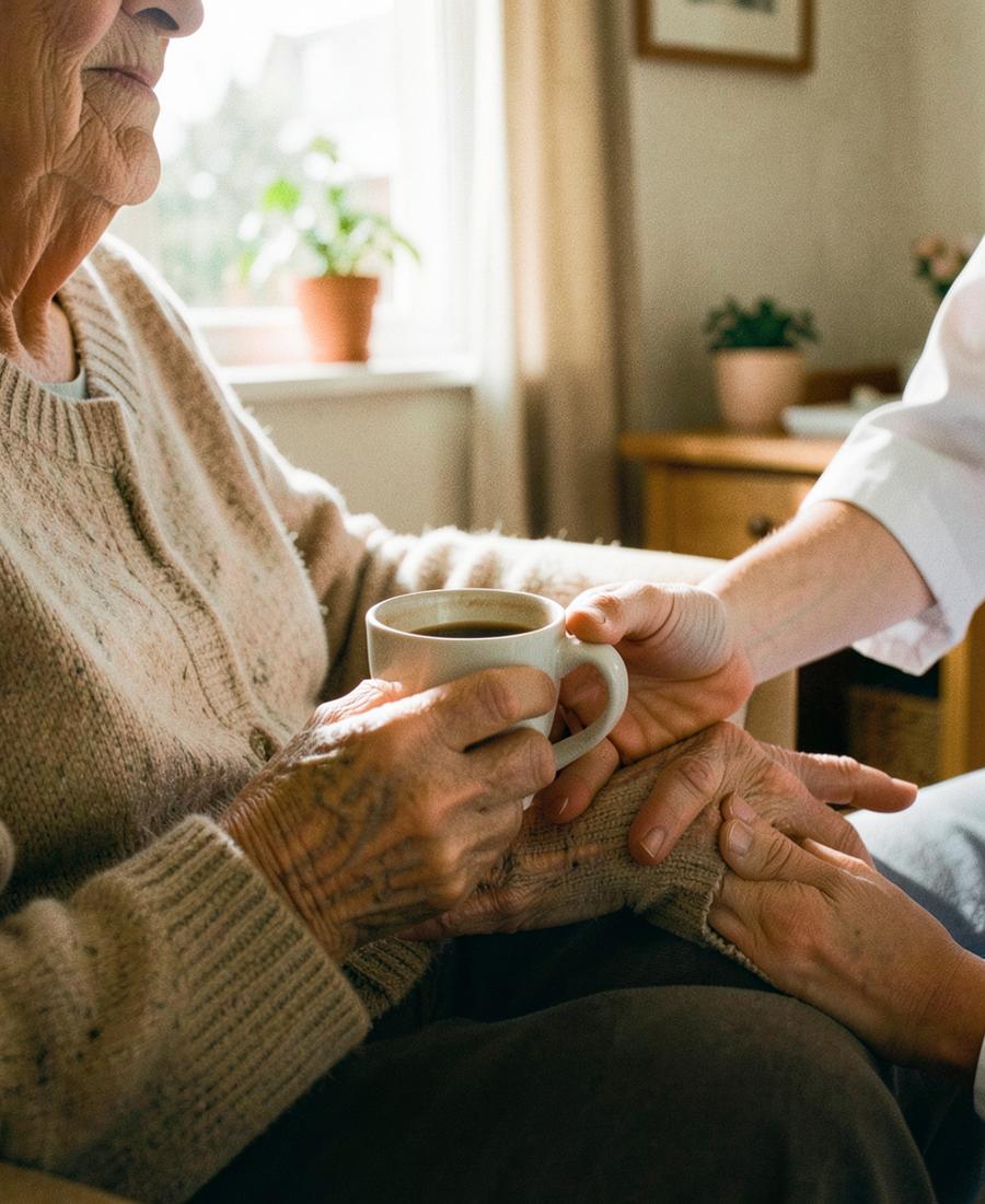 Hände einer Seniorin mit Kaffeetasse, dazu die Hand einer Pflegekraft