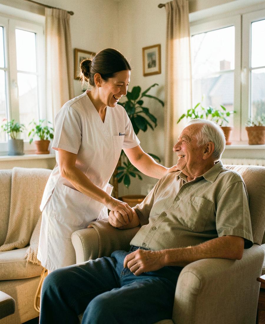 Pflegekraft im Gespräch mit einem Senior im Wohnzimmer