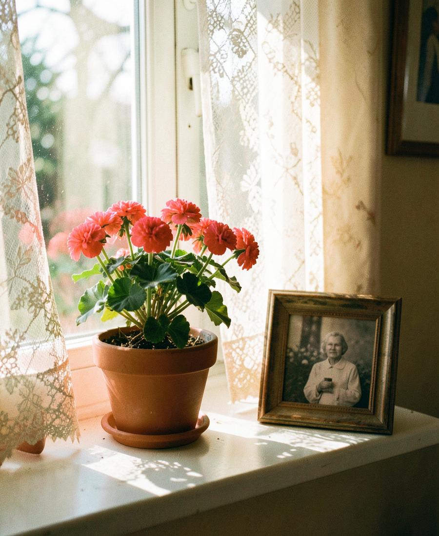 Sonnige Fensterbank mit Geranie und altem Familienfoto