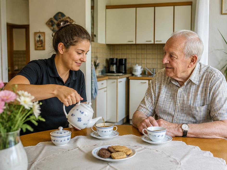 Pflegekraft beim Hausbesuch mit einem Senior am Küchentisch